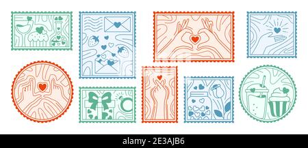 Valentinstag Briefmarken Set für Postkarte. Handgezeichnete Love Doodles Labelkollektion. Symbol Cupcake, Hände, Herz und Glas, Brief Geschenk, Glas und Erdbeere. Vektor Valentinstag, Hochzeit Porto-Set Stock Vektor