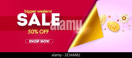 Größtes Wochenendangebot. Goldene Ecke von Papier Öffnung vorteilhaftes Angebot. Muster mit bemalten Eiern und Blumen. Vektor-3d-Illustration Stock Vektor