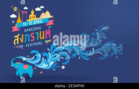 Amazing Songkran Festival Thailand Wasser Splash Vektor Illustration, niedlich Elefant spritzt das Wasser Feier, Thai Sprache Alphabete Schrift d Stock Vektor