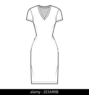 T-Shirt Kleid technische Mode Illustration mit V-Ausschnitt, kurze Ärmel, knielang, taillierte Körper, Bleistift Fülle. Flache Bekleidungsvorlage vorne, weiß. Frauen, Männer, Unisex CAD Mockup Stock Vektor