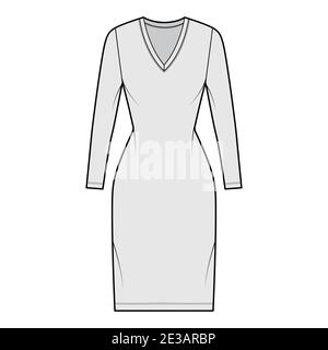 T-Shirt Kleid technische Mode Illustration mit V-Ausschnitt, lange Ärmel, knielang, taillierte Körper, Bleistift Fülle. Flache Bekleidungsvorlage vorne, grau. Frauen, Männer, Unisex CAD Mockup Stock Vektor