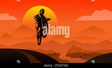 MTB Fahrer springen Sonnenuntergang in den Bergen Blick Hintergrund flache Stil Illustrationsvektor Stock Vektor