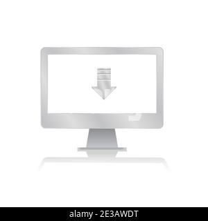 Pfeil nach unten für Download auf Computer-Symbol in leerem Bildschirm Computer-Monitor mit Reflexion minimalistischen modernen Symbol Vektor Illustration Stock Vektor
