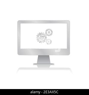 Zahnräder für die Einstellung Symbol in leeren Bildschirm Computer-Monitor mit Reflexion minimalistisch moderne Symbol Vektor Illustration Stock Vektor