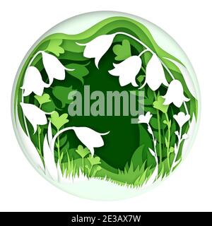 Papier schneiden Handwerk Stil Frühling Blumen Komposition, Vektor-Illustration. Frühling Glocke Blume Rahmen. Stock Vektor