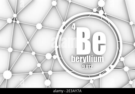 Beryllium chemisches Element. Schild mit der Ordnungszahl, Atommasse. Chemisches Element des Periodensystems. Molekül und Kommunikation Hintergrund. Conn Stockfoto