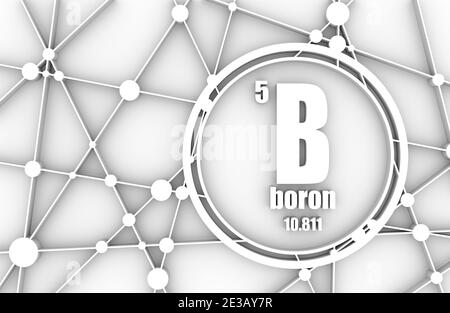 Bor chemisches Element. Schild mit der Ordnungszahl, Atommasse. Chemisches Element des Periodensystems. Molekül und Kommunikation Hintergrund. Videoencoder Stockfoto