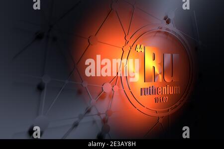 Ruthenium chemisches Element. Zeichen mit Ordnungszahl und Ordnungsgewicht. Chemisches Element des Periodensystems. Molekül und Kommunikationshintergrund. Conn Stockfoto