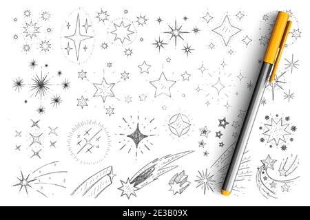 Sterne und Kometen Doodle Set. Sammlung von handgezeichneten minimalen Silhouetten von Sternen, Kometen, Konstellationen in Galaxie und Universum schweben und fallen isoliert auf transparentem Hintergrund Stock Vektor