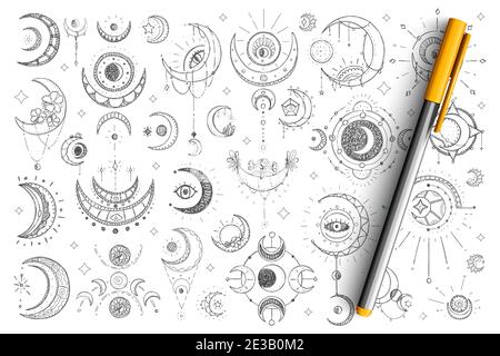 Spirituelle und esoterische Zeichen Doodle Set. Sammlung von handgezeichneten spirituellen Augen, Monden, Sternen und esoterischen magischen Elementen für Okkultismus isoliert auf transparentem Hintergrund Stock Vektor