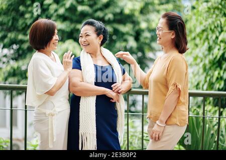 Eine Gruppe von älteren vietnamesischen Freundinnen, die auf dem Balkon stehen, über Neuigkeiten diskutieren und scherzen Stockfoto