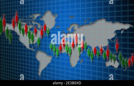 3D-Rendering des Candlestick Graph Chart des Aktienkurts Markt Stockfoto