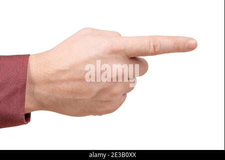 Männliche Hand zeigt die Richtung mit dem Zeigefinger an. Männliche Hand isoliert auf weißem Hintergrund zeigt die Richtung der Bewegung. Geschäftsmann Hand mit Th Stockfoto