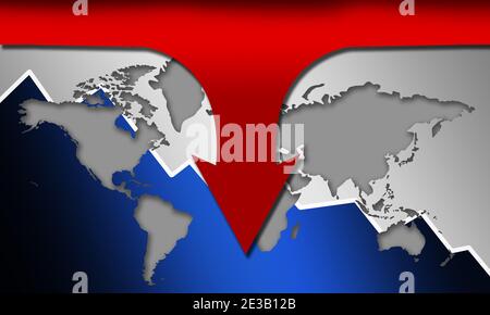 3D-Darstellung der finanziellen Rezession mit einer Weltkarte Stockfoto