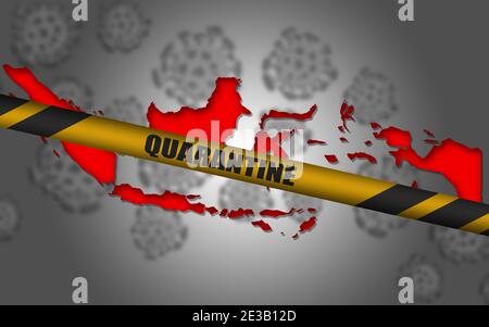 3D-Darstellung einer Indonesienkarte und Flagge mit einem Quarantäne-Banner Stockfoto