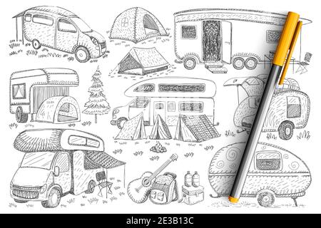 Trucks für unterwegs Doodle Set. Sammlung von handgezeichneten LKW-Fahrzeuge, Campingplätze, Zelte und Zubehör für Wandern und Reisen in der Natur isoliert auf transparentem Hintergrund. Abbildung der Reise Stock Vektor