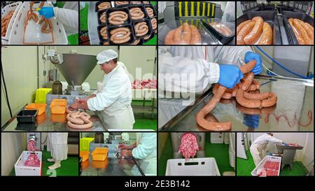 Collage von Fotografien, die Arbeiter der Fleischfabrik bei der Fleischverarbeitung zeigen.Metzger, der Würste im Schlachthof herstellt. Automatische Vakuum Fleisch Verpackung Stockfoto