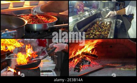 Team von professionellen Köchen Zubereitung und Kochen von Speisen in einer kommerziellen Küche. Koch Kochen Mit Feuer In Bratpfanne. Pizza. Buffetrestaurant. Stockfoto