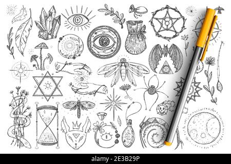 Magische und okkulte Symbole Doodle Set. Sammlung von handgezeichneten spirituellen Augen, Schlangen, Kristallen, Insekten und magische Symbole für Okkultismus isoliert auf transparentem Hintergrund Stock Vektor