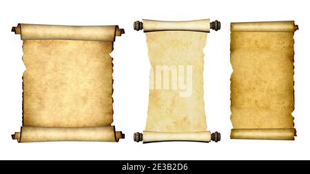 Sammlung von alten Parchments. Satz von mittelalterlichen Schriftrollen. Isoliert auf weißem Hintergrund. Platz für Text kopieren. Mustervorlage. 3d-Rendering Stockfoto