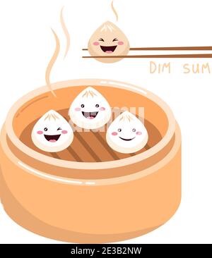 Cute Cartoon Dim Sum, traditionelle chinesische Knödel, mit lächelnden Gesichtern. Asiatische Lebensmittel Vektor Illustration. Stock Vektor