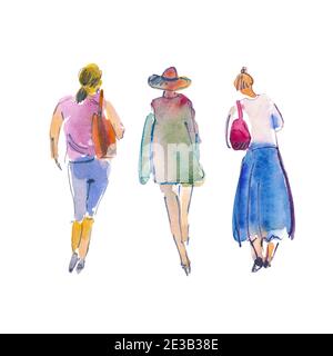 Handgezeichnete Aquarellillustration. Drei Frauen in vollem Wachstum. Menschen geformt Aquarell Flecken. Frauen von hinten Stockfoto