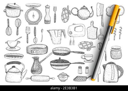 Geschirr und Utensilien Doodle Set. Sammlung von handgezeichneten Wasserkocher, Bratpfanne, Mixer, Messer, Teekanne, Besteck, Tassen und Tassen, Geschirr, Fäustlinge und Grill isoliert auf transparentem Hintergrund Stock Vektor