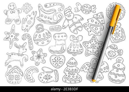 Weihnachten Lebkuchen und Kekse Doodle Set. Sammlung von Hand gezeichnet lecker hausgemachte süße Kekse in Formen von Schneemann, dekorative Kugel, Engel, weihnachtsmann isoliert auf transparentem Hintergrund Stock Vektor