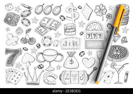 Glücksspiel Zubehör und Werkzeuge Doodle Set. Sammlung von handgezeichneten Casino, Spielkarten, Trophäe, Geld, Münzen, Wetten, Chips, Bargeld für das Spielen isoliert auf transparentem Hintergrund Stock Vektor