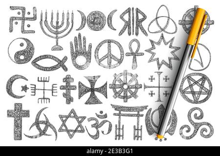 Verschiedene religiöse Symbole Doodle Set. Sammlung von handgezeichneten Kreuz, Harmonie und Teufel Zeichen, Sterne, buddhismus und muslimische Symbole isoliert auf transparentem Hintergrund. Illustration der heiligen Zeichen Stock Vektor