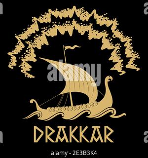 Viking, skandinavisches Design. Drakkar mit einem Drachenkopf und Nordlichtern Stock Vektor