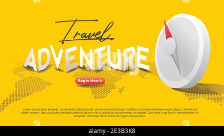 Reise Abenteuer abstrakte Compas mit Punkt Weltkarte gelben Hintergrund Und beginnen jetzt Aufruf zur Aktion Taste minimalistischen modernen Web Seitenand Präsentation Mod Stock Vektor