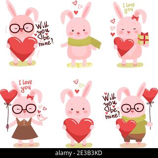 Nette Cartoon schöne Kaninchen mit rosa großen Herzen und handgezeichneten Text. Vektor-Illustration für Web, Website, Grußkarte, Valentinstag Poster Stock Vektor