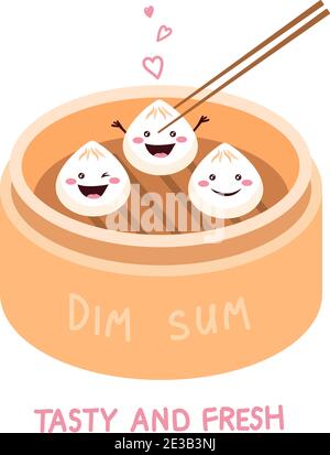 Cute Cartoon Dim Sum, traditionelle chinesische Knödel, mit lächelnden Gesichtern. Asiatische Lebensmittel Vektor Illustration. Stock Vektor