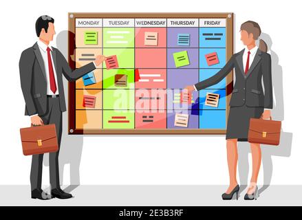 Scrum agile Board, Geschäftsleute. An der Wand hängt ein Schwarzes Brett voller Aufgaben auf Haftnotizkarten. Ereignisliste für Mitarbeiter. Entwicklung, Teamarbeit, Agenda, To-Do-Liste. Flache Vektorgrafik Stock Vektor