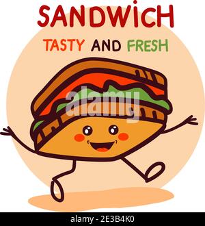 Lächelndes Sandwich mit Käse, Salat und Fleisch für Fast-Food-Design, wie ein Logo. JPEG-Version auch in Galerie verfügbar Stock Vektor