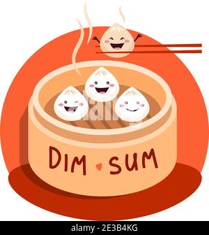 Cute Cartoon Dim Sum, traditionelle chinesische Knödel, mit lächelnden Gesichtern. Asiatische Lebensmittel Vektor Illustration. Stock Vektor