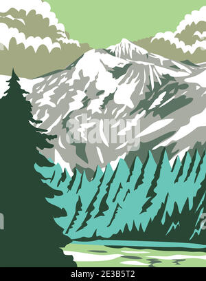 WPA Plakatkunst des North Cascades National Park mit Goode Mountain, einem amerikanischen Nationalpark im Bundesstaat Washington in den Vereinigten Staaten in Werke PR Stock Vektor