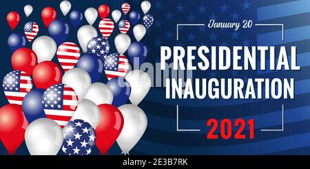 Präsidenteneröffnung 2021 Banner mit fliegenden Ballons. Konzept für die Amtseinführung des US-Präsidenten, Januar 20 im Weißen Haus und Flagge Stock Vektor