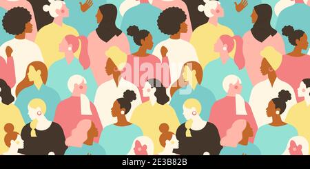 Internationaler Frauentag. Vektor nahtlose Muster mit mit Gruppen von Frauen verschiedenen Nationalitäten und Kulturen. Kampf um Freiheit, Unabhängigkeit, Stock Vektor