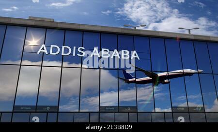 Jet-Flugzeuge landen in Addis Abeba, Äthiopien 3D-Darstellung. Ankunft in der Stadt mit dem Glas Flughafen Terminal und Reflexion der pla Stockfoto