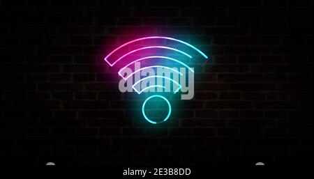 WiFi Hotspot Symbol, wi-Fi Internet Zone Neon-Zeichen auf Mauer, kostenlose Verbindungstechnik und 5G-Netz-Konzept. Abstraktes 3d-Rendering illustratio Stockfoto