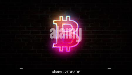 Bitcoin Symbol, Krypto Währung Technologie, digitales Geschäft, Cyber-Geld Bergbau Neon-Zeichen auf Backsteinmauer. Abstrakte 3d-Darstellung. Stockfoto