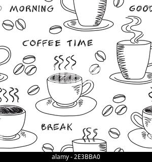 Nahtloses Muster mit verschiedenen rauchenden Tasse Kaffee mit Kaffeebohnen, Doodle Illustration mit handgeschriebenem Text Kaffee Zeit, Guten Morgen und Pause Stock Vektor