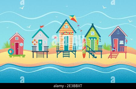 Landschaft einer Reihe von Strandhütten gegen Meer. Sommerurlaub. Vektor flache strukturierte Illustration Stock Vektor