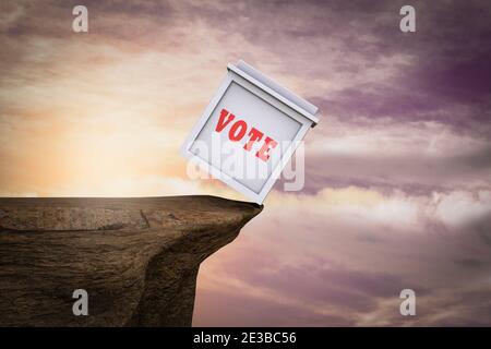 Wahlurne am Rande der Klippe, die das Wahlrisiko zeigt. 3D-Illustration Stockfoto