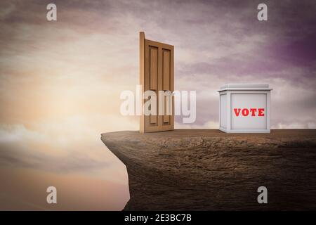 Wahlurne bereit, die Tür zu der Klippe zu öffnen, die Wahlrisiko demonstriert. 3D-Illustration Stockfoto