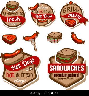 Set von Abzeichen, Label, Logo, Icons Design-Vorlagen für amerikanische Hotdog. Stock Vektor