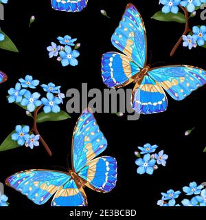 Vergiss mich nicht Blumen und Schmetterlinge. Florales Nahtloses Muster mit neonblauem Schmetterling und Forget-Me-Not Blumen auf schwarzem Hintergrund. Stock-Vektor Stock Vektor