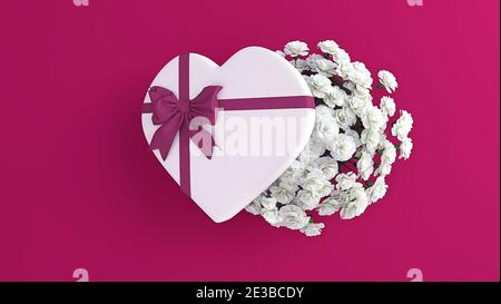 Herzförmige weiße Blumen in einer offenen Geschenkbox für Feiertage, Valentinstag, Mütter und Frauen Tag, leerer Raum für Text mit einzigartigen Farben, 3D-Rendering Stockfoto